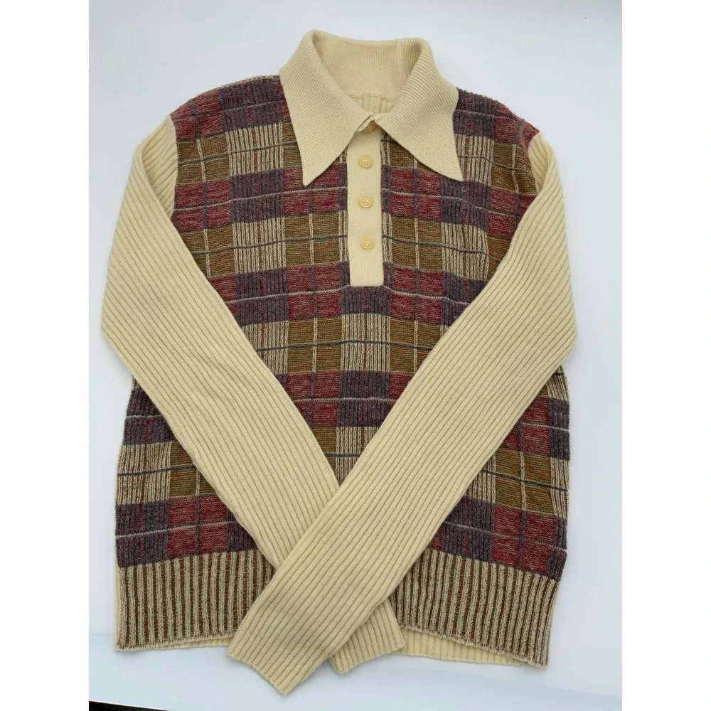 60-70's Vintage Navarro Mens XL Plaid Knit Polo Sweater Long Sleeve